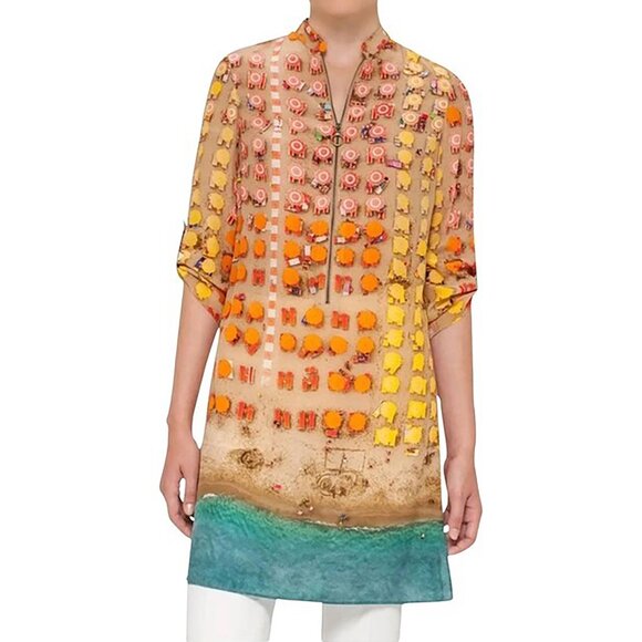 Akris Punto Riviera Umbrella Beach Print Silk Tunic Top Parasol Sand Blue 4 - Picture 1 of 16